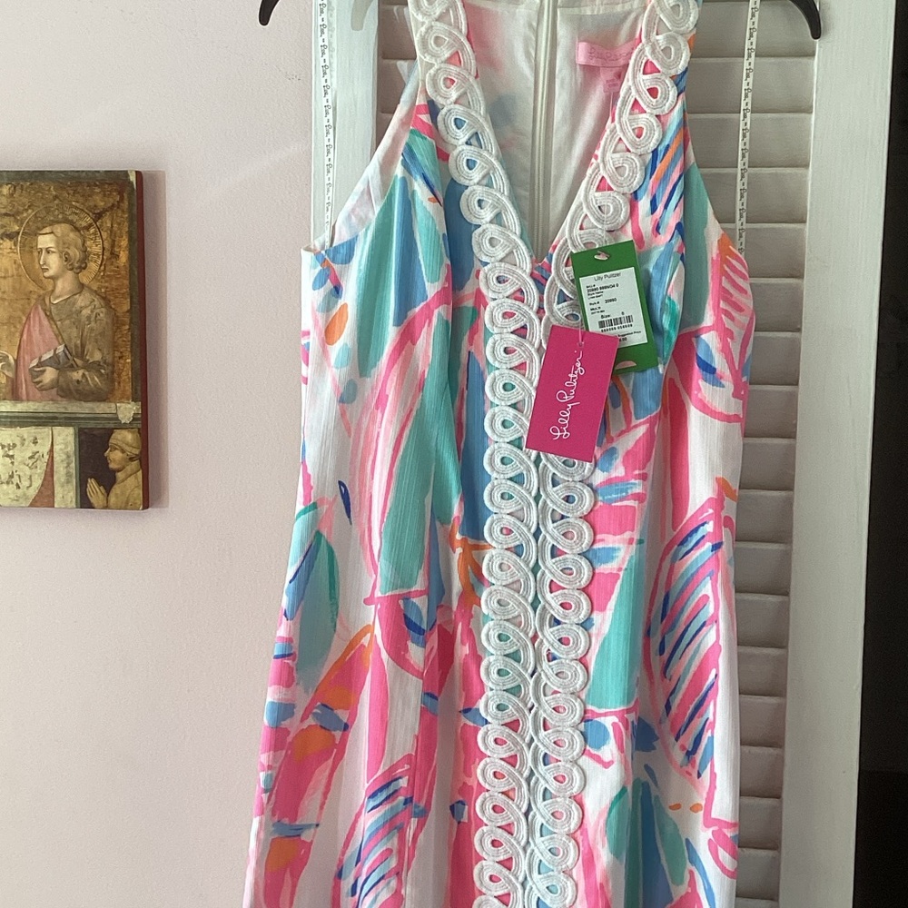 Lilly Pulitzer Pink Aqua Coral Multicolor Dress with White Trim
